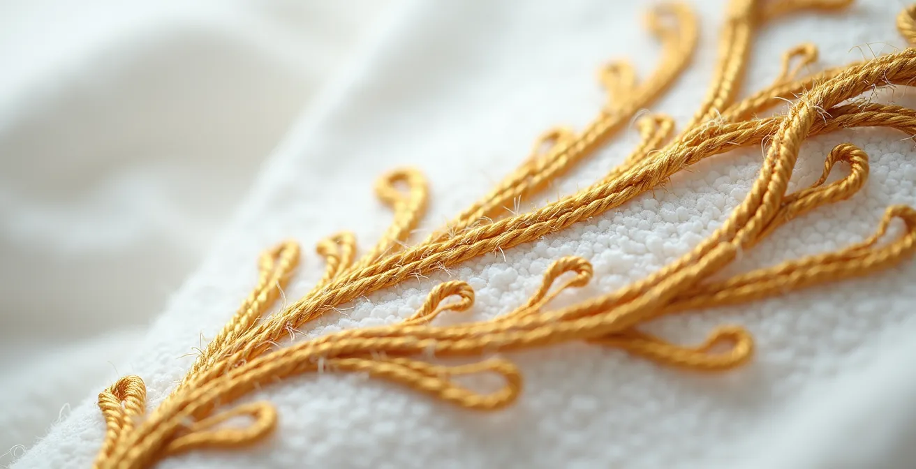 Détail de broderie dorée sur tissu éponge blanc