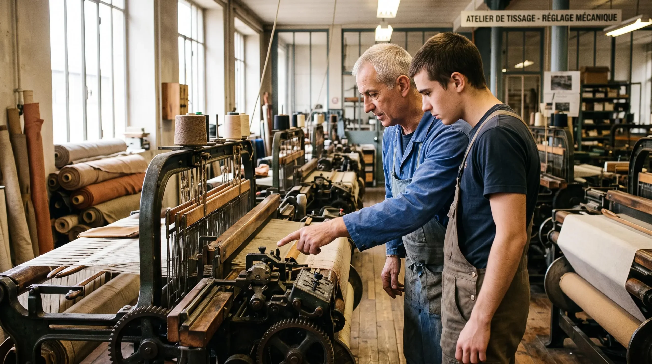 Artisan textile senior formant un jeune apprenti sur les réglages d'une machine à tisser dans un atelier français avec grandes fenêtres industrielles