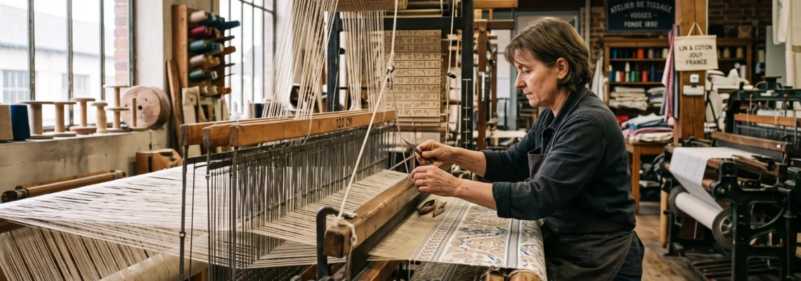 Artisan textile opérant un métier à tisser jacquard traditionnel dans un atelier français, fils de coton naturels tendus et tissu en cours de fabrication avec motifs complexes