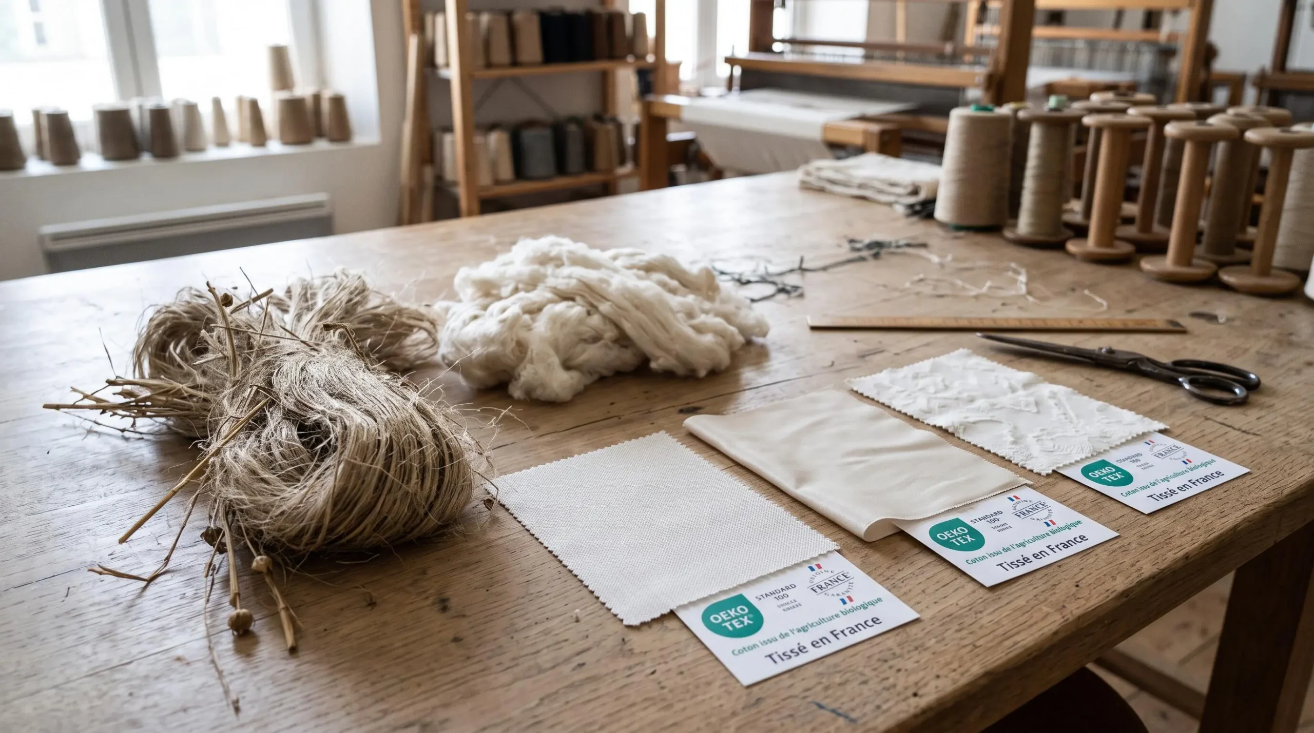 Fibres de lin français brutes et échantillons de coton longues fibres disposés avec des morceaux de tissus certifiés Oeko-Tex et Origine France Garantie sur une table d'atelier textile